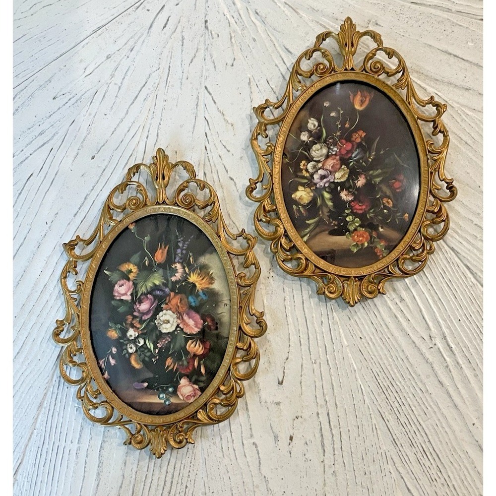 Pair (2) Vtg Italian Floral Print Ornate Brass Frame Convex Bubble Glass Italy